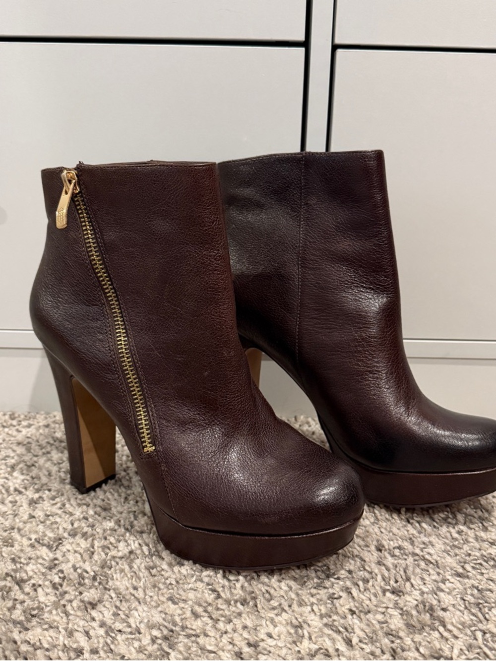 Vince Camuto Women's Dark Brown Leather Platform Ankle Boots with Gold Zip